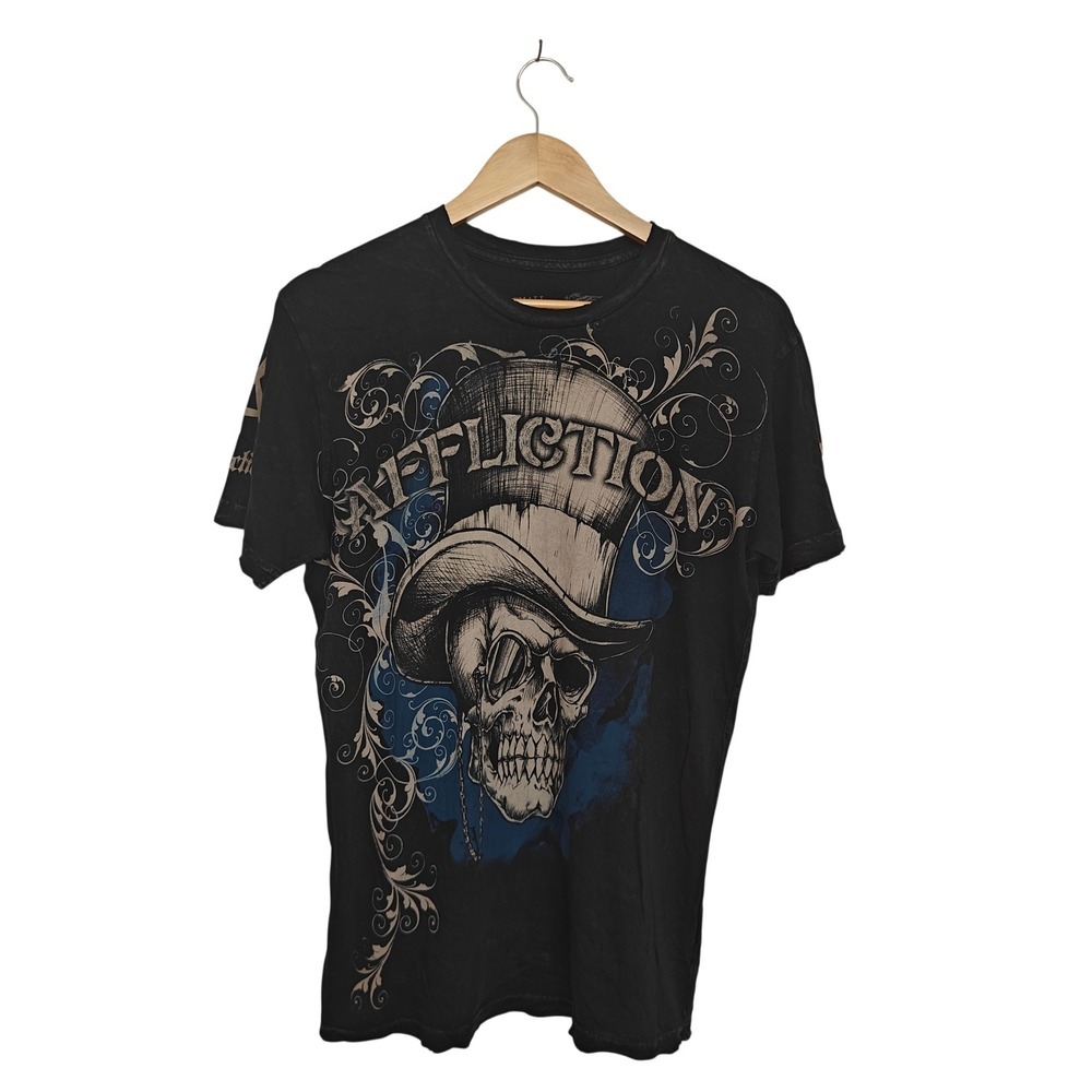 Affliction Mens Small Black Skull Top Hat Graphic T-Shirt Goth MMA Streetwear